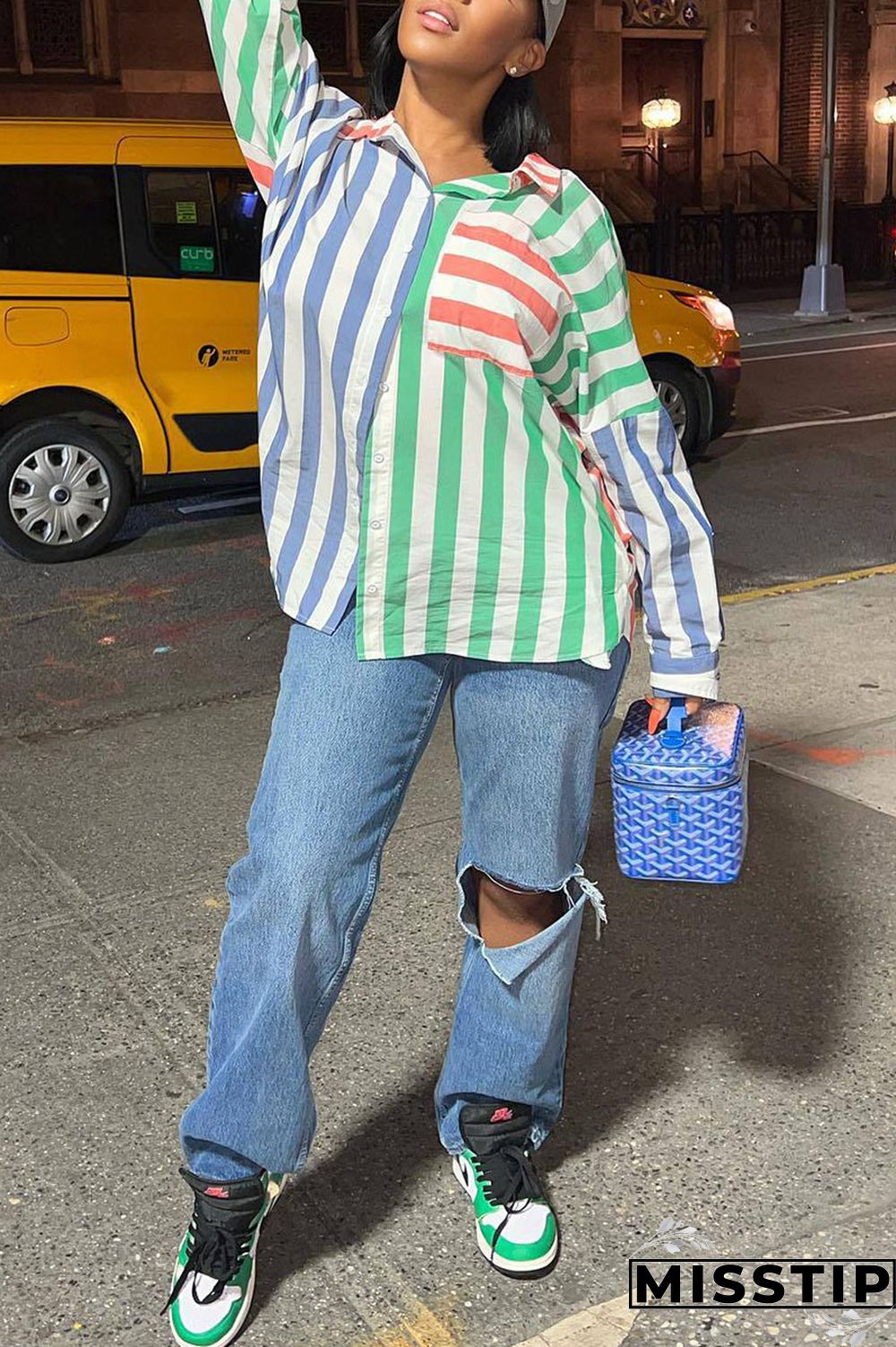 Blue Casual Striped Print Patchwork Buckle Turndown Collar Tops