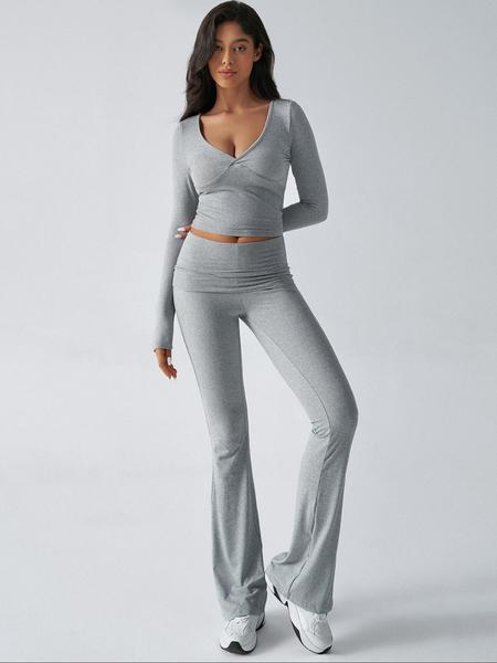 Elegant Casual V-Neck Long Sleeve Two-Piece Set, Slim-Fit Crop Top & Pants for Fall Winter, Moderate Fabric, Plain Color Design