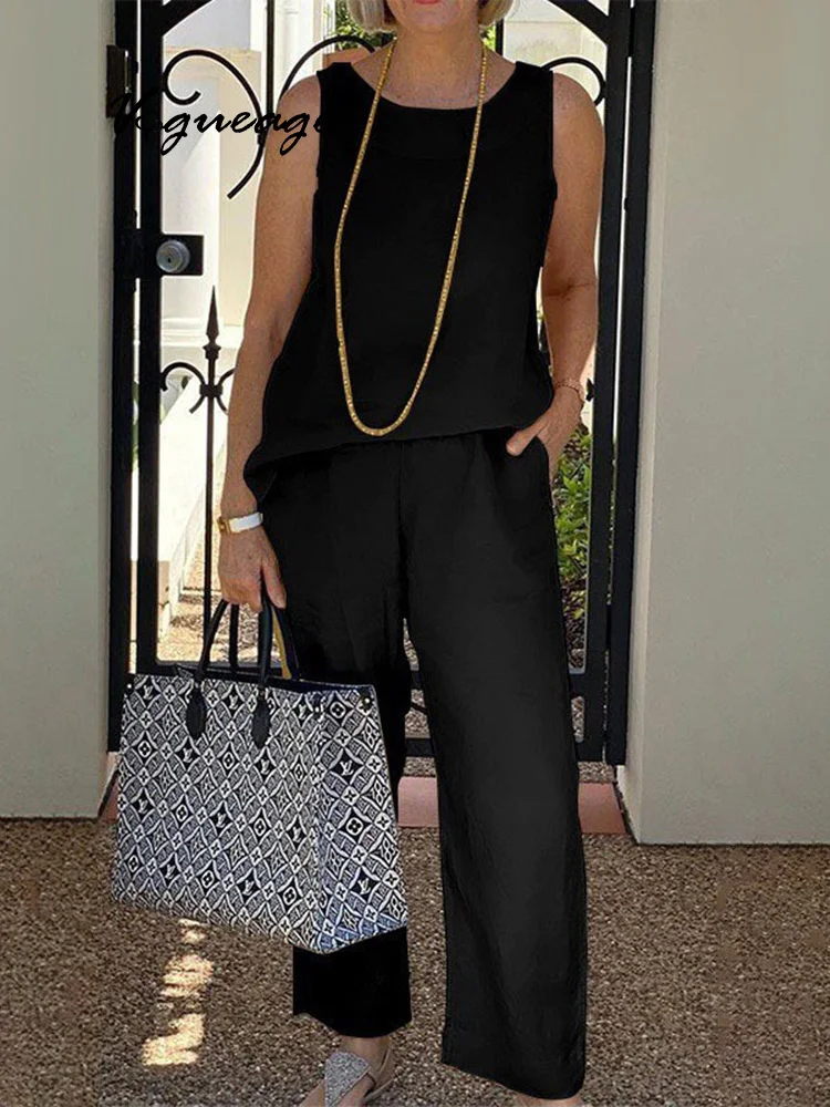 Sleeveless Tops Nine-Point Wide-Leg Pants Women's Cotton And Linen Two-Piece Suit