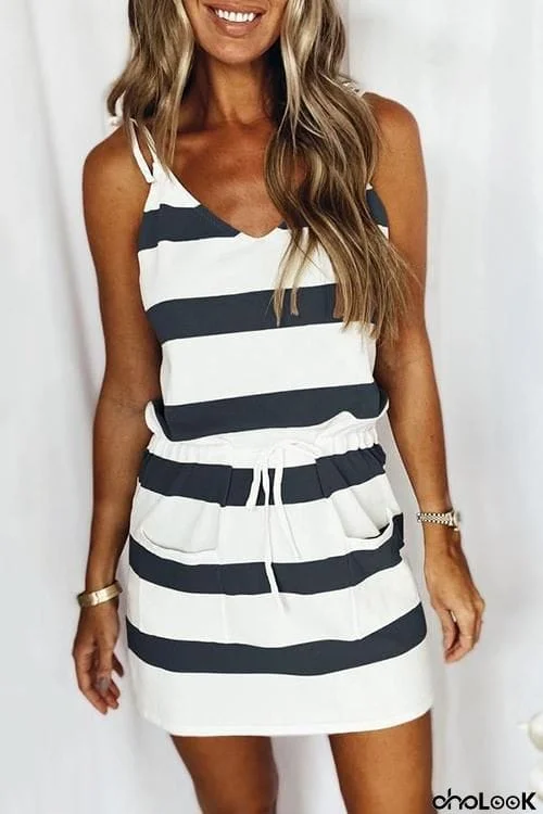 Stripe Drawstring Sleeveless Mini Dress