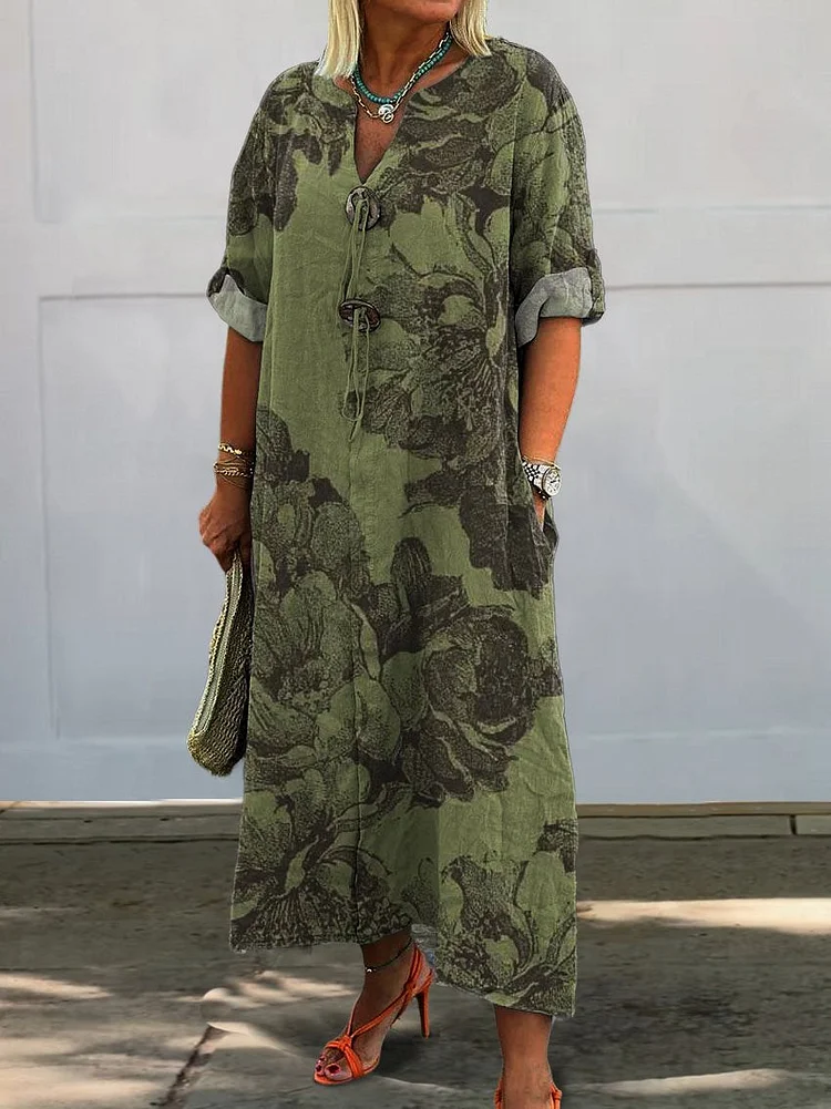 Women's Vintage Lovely Floral Art Print Pocket Cotton Dress