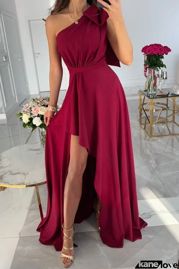 Susana Bowknot One-shoulder Ruffle Side Slit Maxi Dress