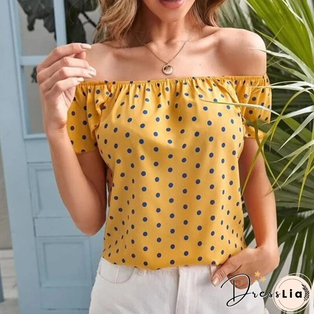 Summer Fashion Casual Print Dot Blouse Women Off Shoulder Short Sleeve Blue Tees Black Mujer Tops Lady Shirts Blouses New