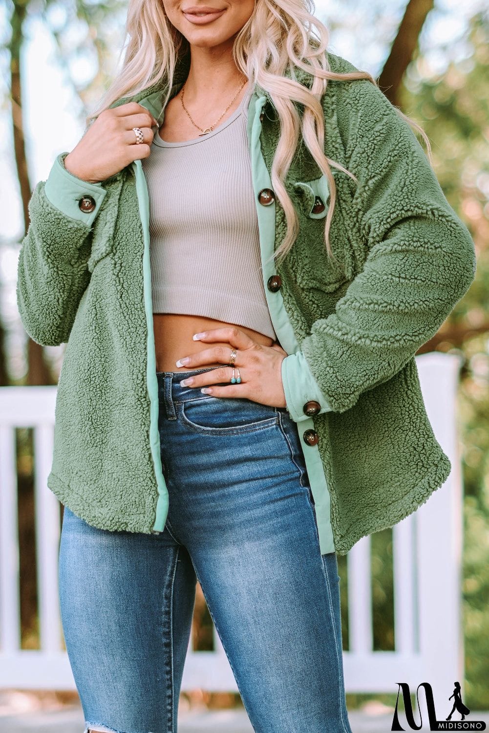 MidiSono - Flap Pocket Button Up Fleece Jacket