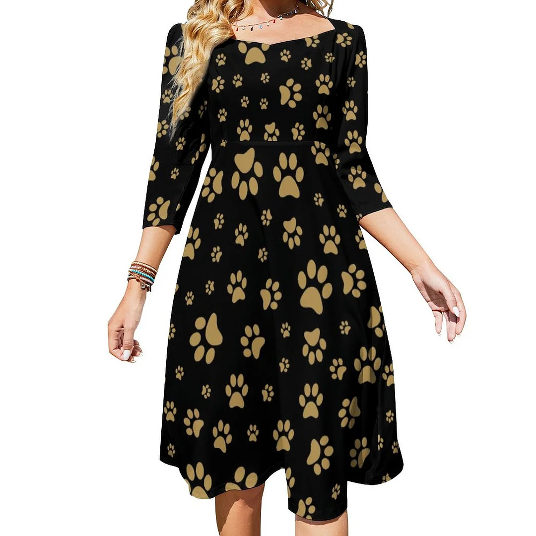 Cute Black And Old Gold Paw Print Pattern Printed Dress Sweetheart Tie Back Flared 3/4 Sleeve Midi Dresses
