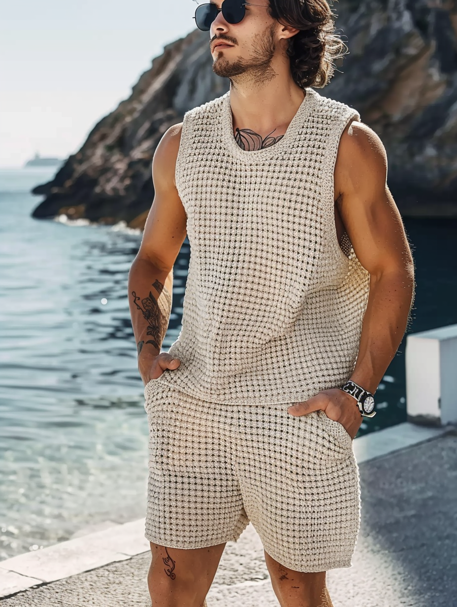 Men's White Kintted Crochet Tank & Short Two Piece Set Suit