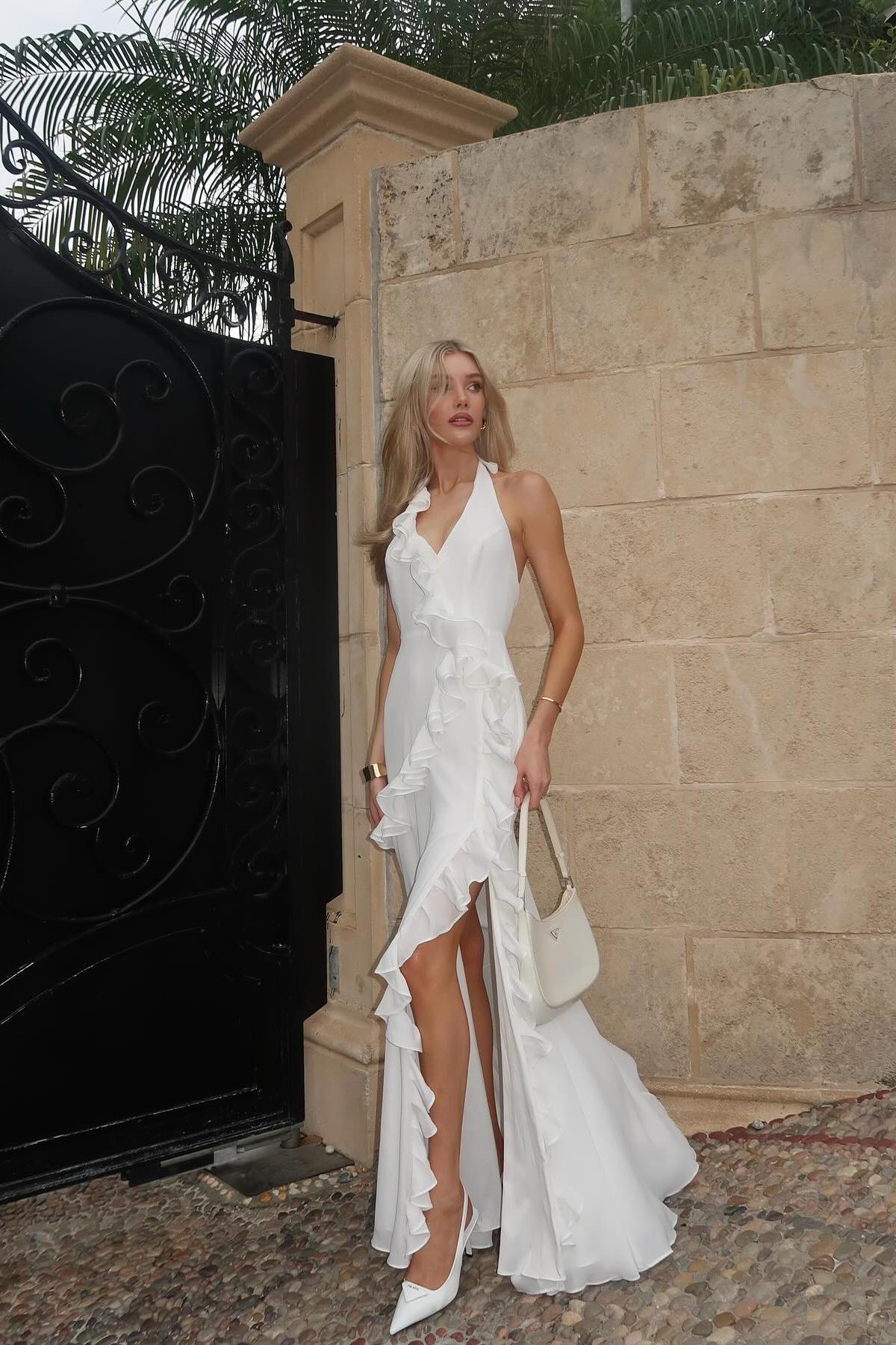 Lvs&Broner Halter Backless Sleeveless Split Long Prom Dress With Ruffles