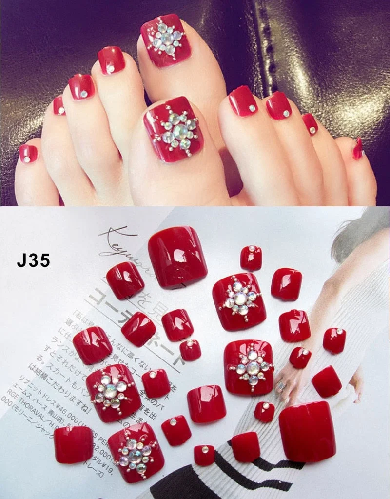 24 Pcs/Set Fresh Style Toe Fake Nails 3D Foot Full Toes Nail Art Tips False Nails  for Lady Girls Toenails Press on Nail-Nail Inspo