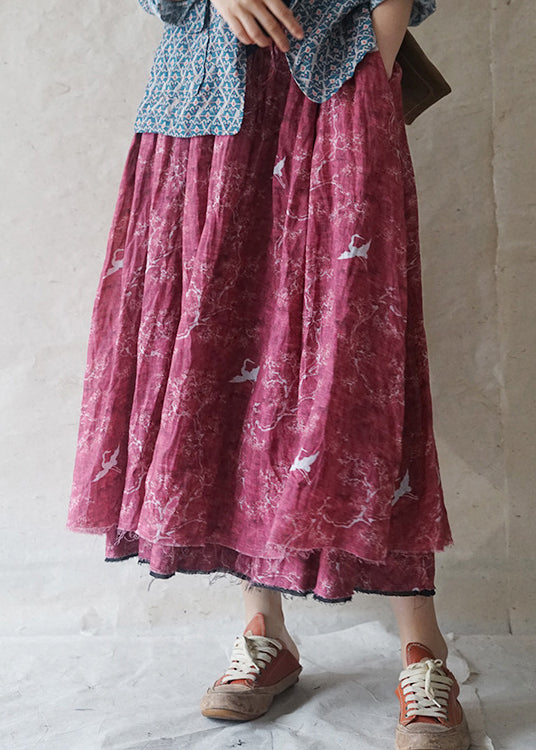 VCSHOES Red elastic waist drawstring pocket print Linen Skirts Spring