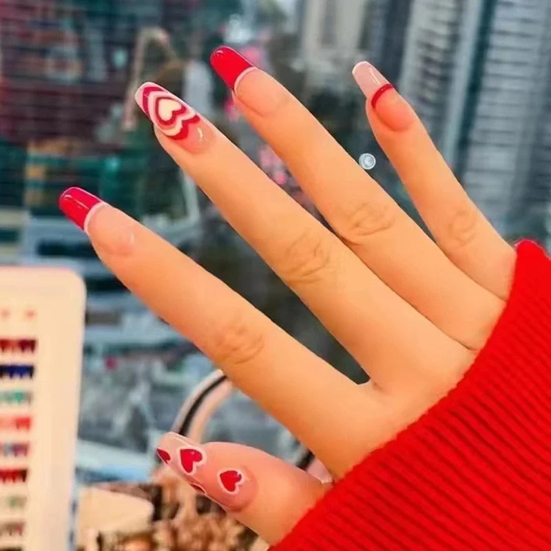 24Pcs Coffee Color With Grids Heart Designs False Nail Full Cover Fake Nails with Glue Detachable Wearable Manicure Nail Tips-Nail Inspo