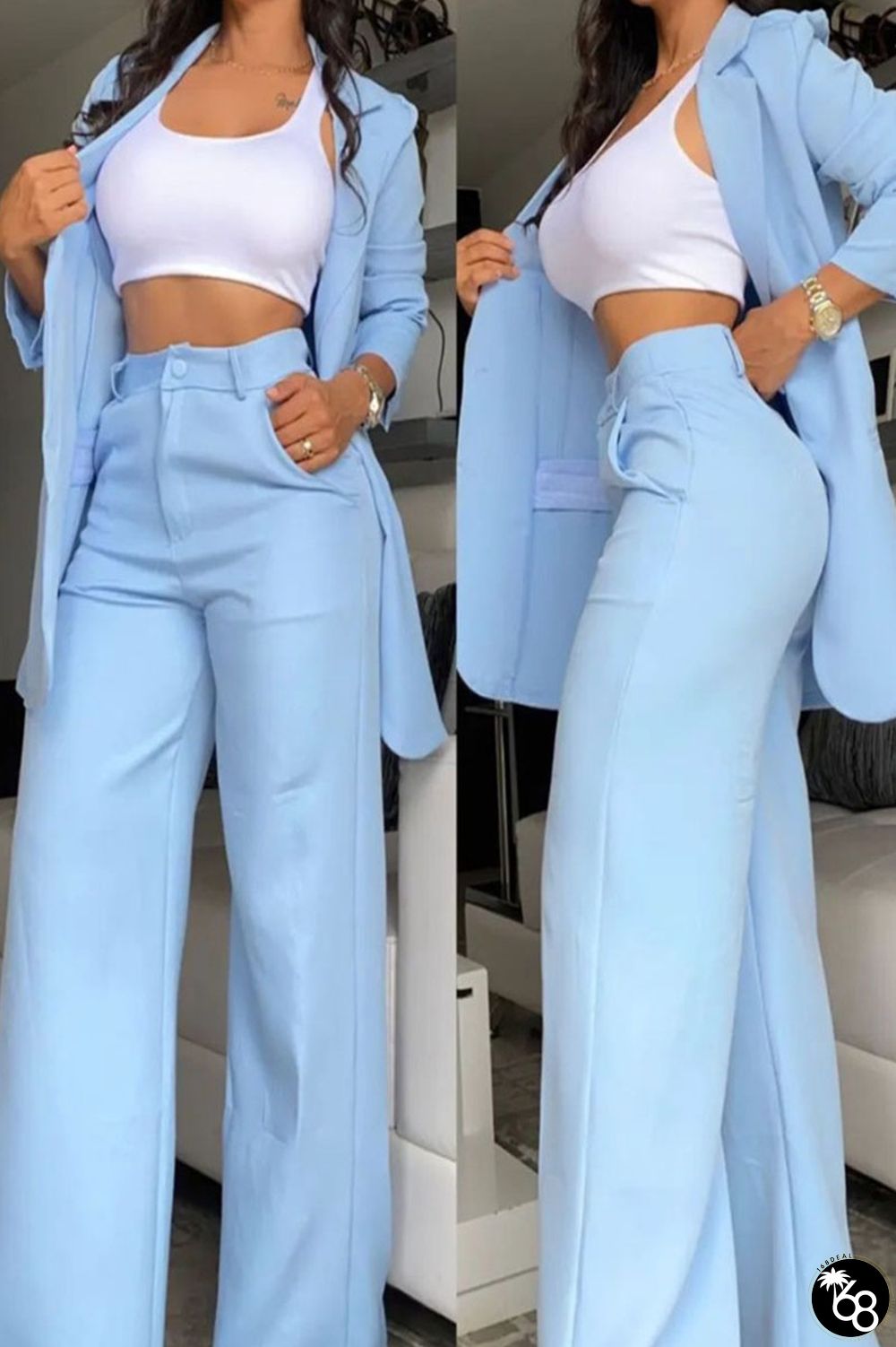 Sky Blue Casual Solid Patchwork Buttons Turn-back Collar Long Sleeve Two Pieces | 168DEAL
