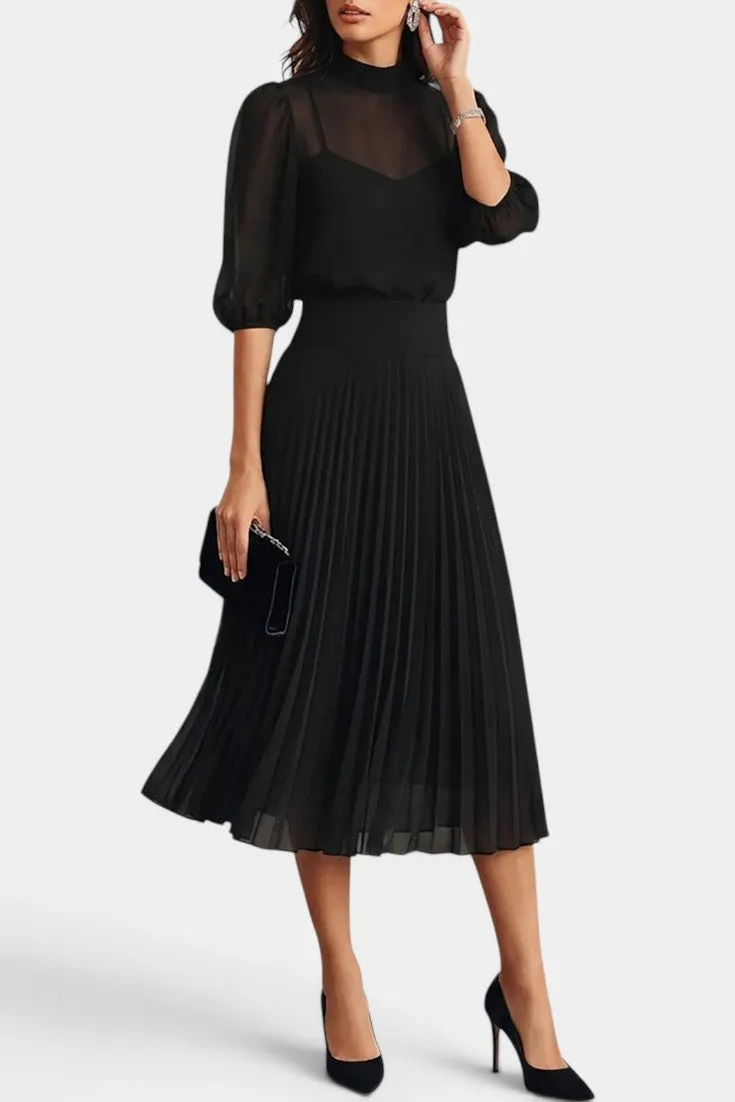 High Neck Pleated Midi Dress with Puff Sleeves