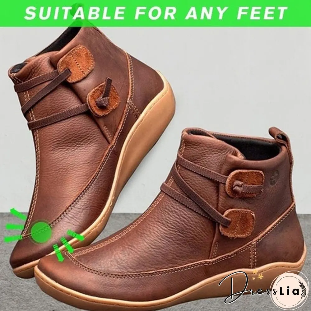 Womens Medieval Vintage Leather Boots Braided strap flat heel all season waterproof slip