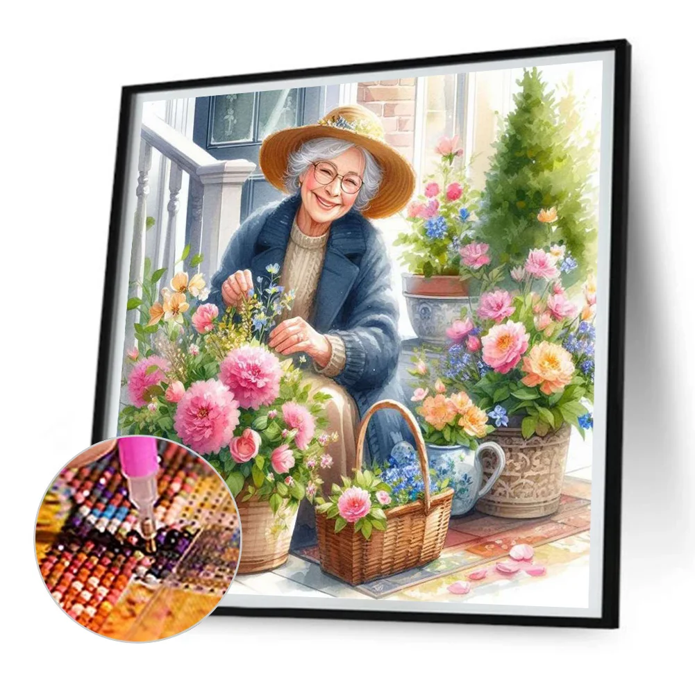 Diamond Painting - Full Round Drill - Garden Old Lady(Canvas|30*30cm)