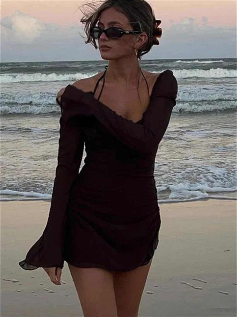 Oocharger Elegant Off-Shoulder Halter Short Dress Women Long Flare Sleeve Side Drawstring Ruched Mini Dress A-Line Party Vestidos