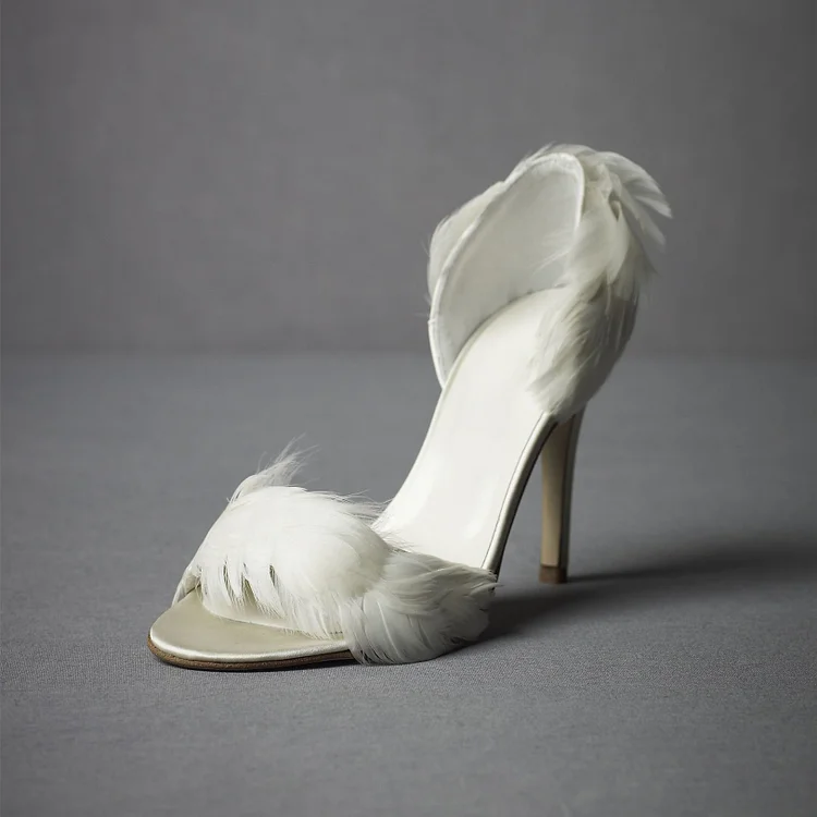 Ivory Satin Wedding Shoes Faux Feather Stiletto Heel Sandals |FSJ Shoes