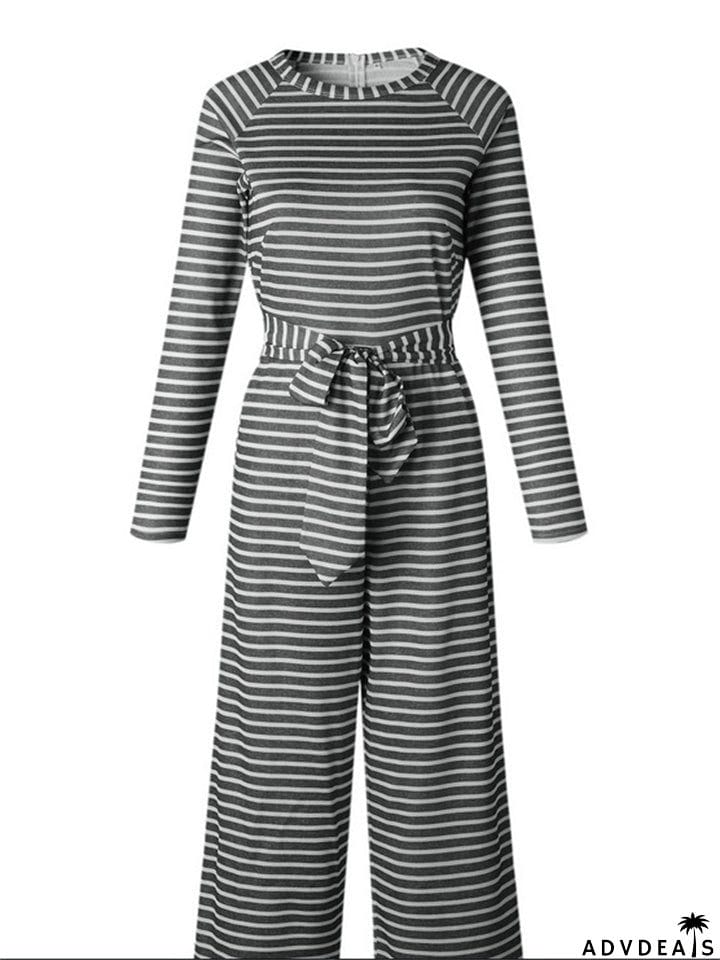 Women's Boho Striped Long Sleeve Round Neck Lace Up Rompers