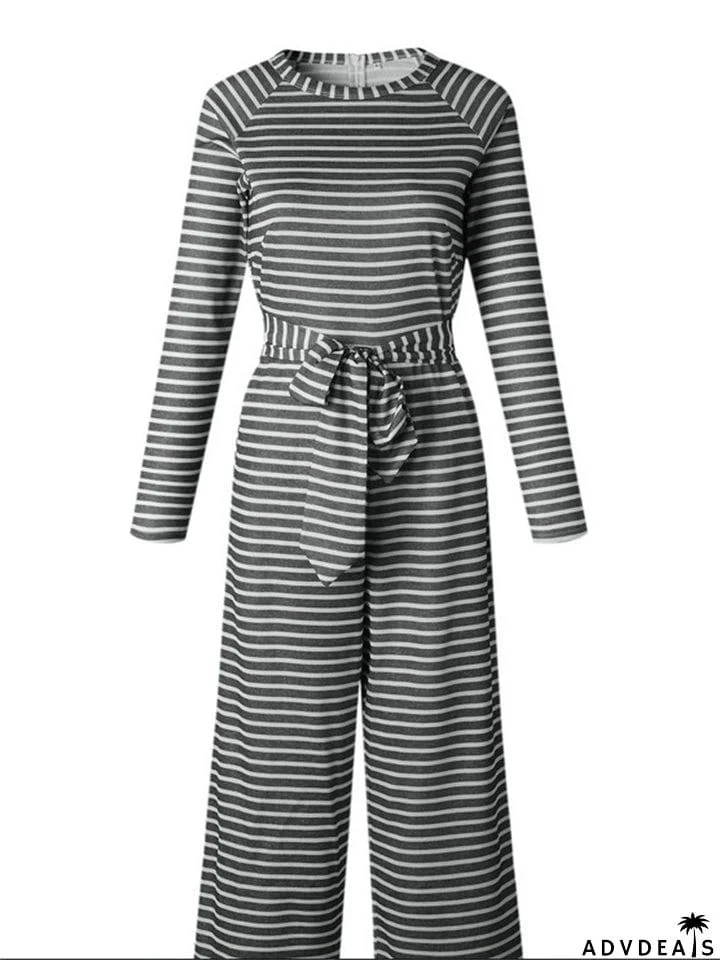 Women's Boho Striped Long Sleeve Round Neck Lace Up Rompers