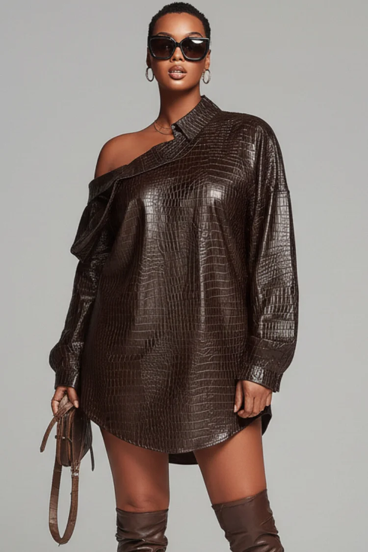 Xpluswear Design Plus Size Party Brown Oblique Collar Long Sleeve Crocodile Embossed Casual PU Leather Mini Dresses
