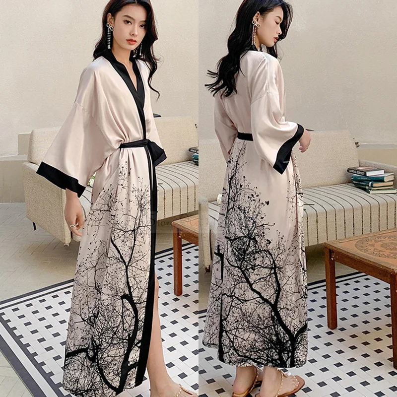 Female Long Robe Nightgown New Spring Summer  Print Flower Kimono Bathrobe Gown Casual Silk Satin Home Dress Lounge Wear