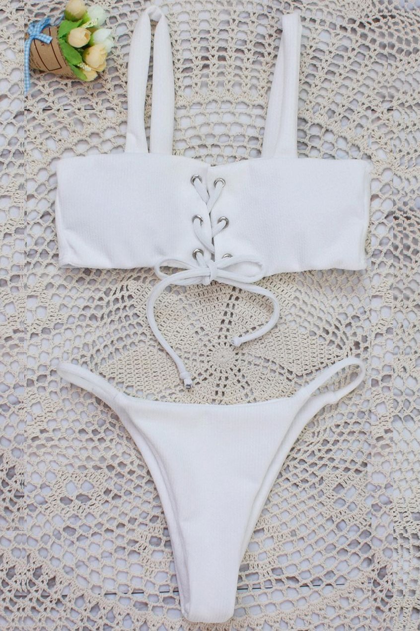 White Strappy Lace Up High Cut Ribbed Thong Sexy Bikini Swimsuit-elleschic