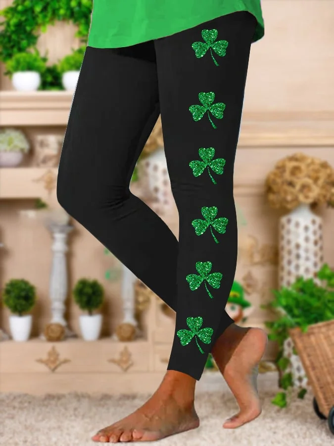 Women's St. Patrick's Day Glitter Lucky Shamrock Print Stretch Leggings socialshop