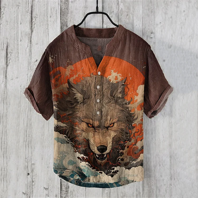 Comstylish Japanese Wolves Art Print Henry Collar Shirt