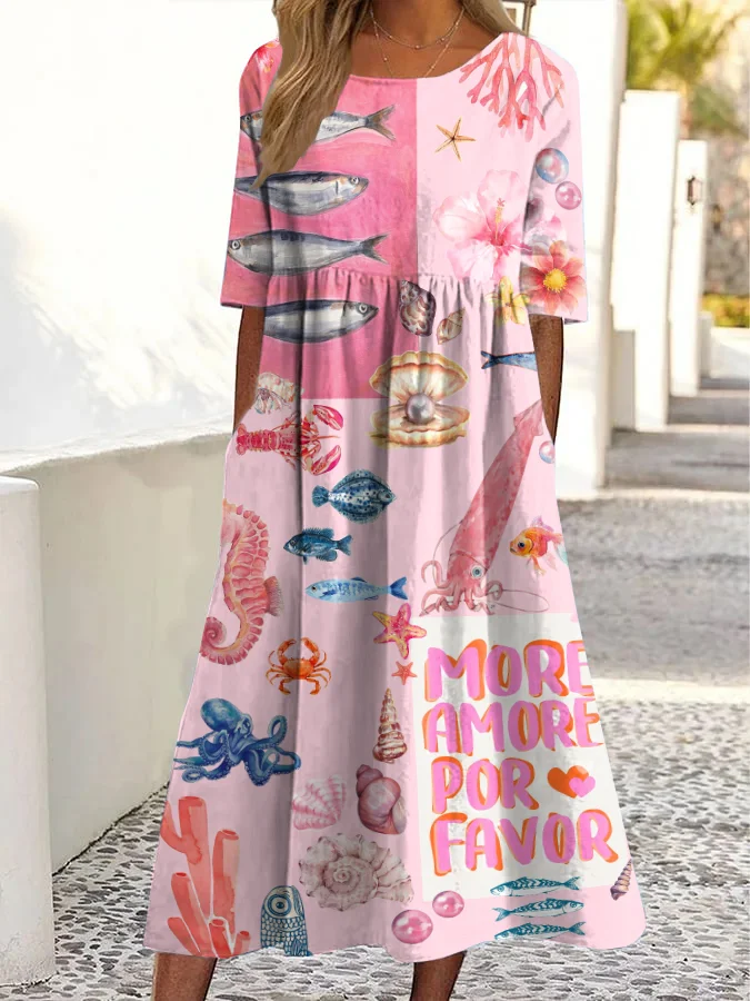 Vintage Fish Print Round Neck Pocket Midi Dress