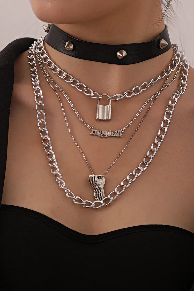 Gothic Silver Party PU Leather Rivet Multi-layer Letters Lock Pendant Three Pieces Necklace Set