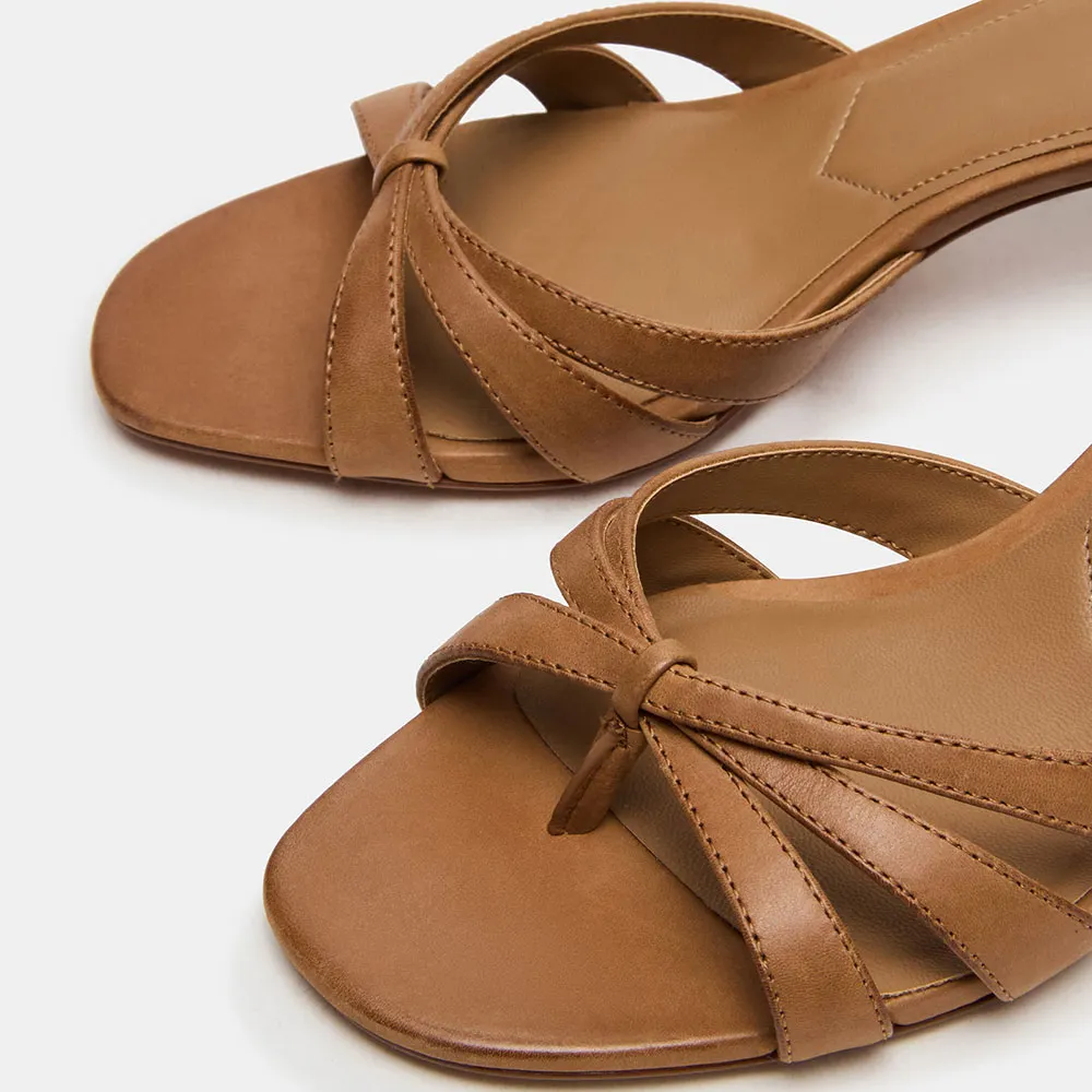 Brown Vegan Leather Open Toe Spool Heel Flip Flops for Women
