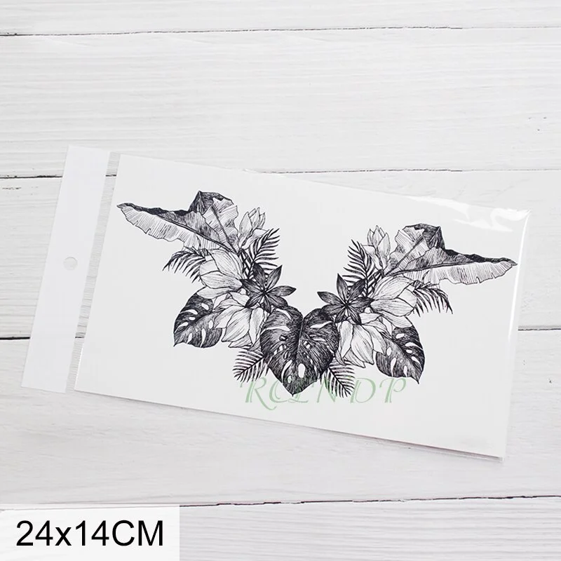 Sdrawing Temporary Tattoo Sticker leaf flower plant black sketch Fake Tatoo Breast Chest Back Belly Flash Tatto For Women Girl