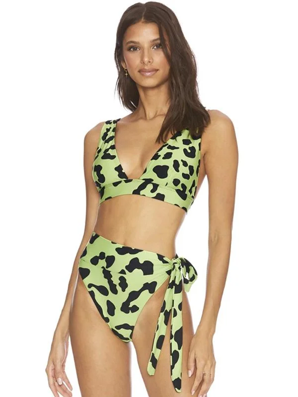 Deep V-Neck Leopard Print Knotted Split Bikini Swimsuit