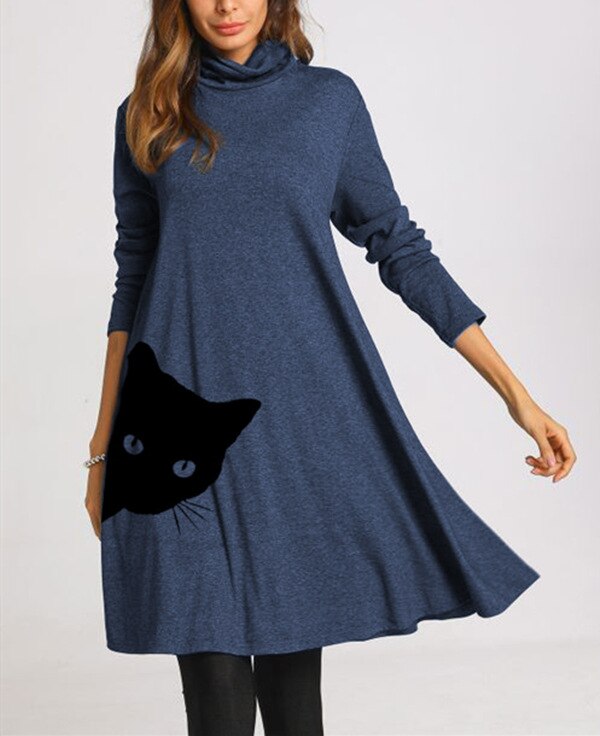 Autumn Turtleneck Lovely Cat Print Long Sleeve Dress