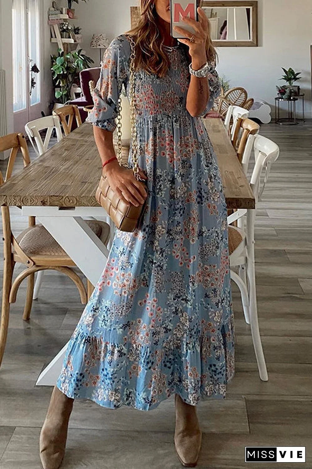 Floral Print O Neck Maxi Dress