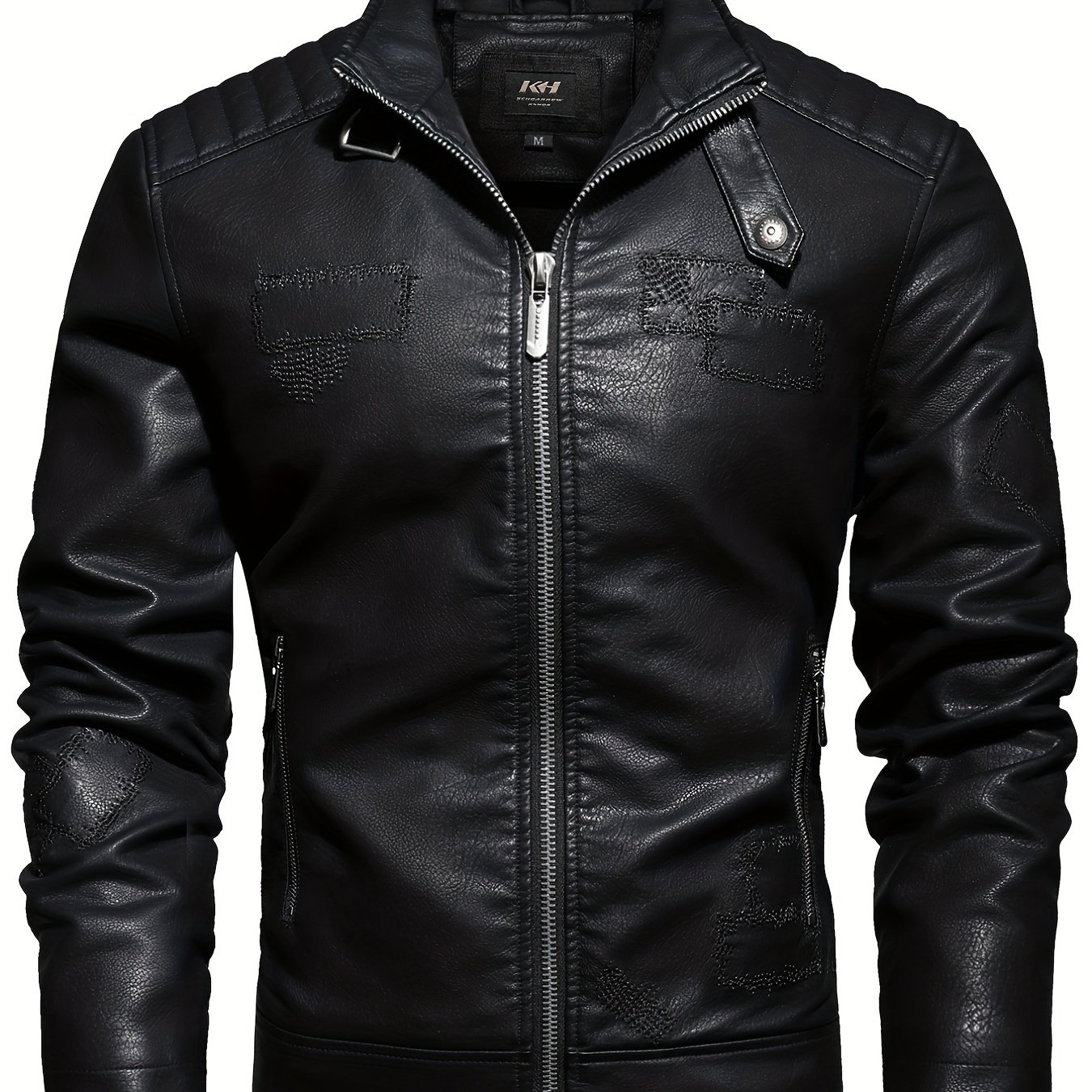 Vintage Men's Pu Leather Motorcycle Jacket With Zipper Pocket And Fleece Lining-stylish Stand Collar And Patch Decor For Mtb Riders