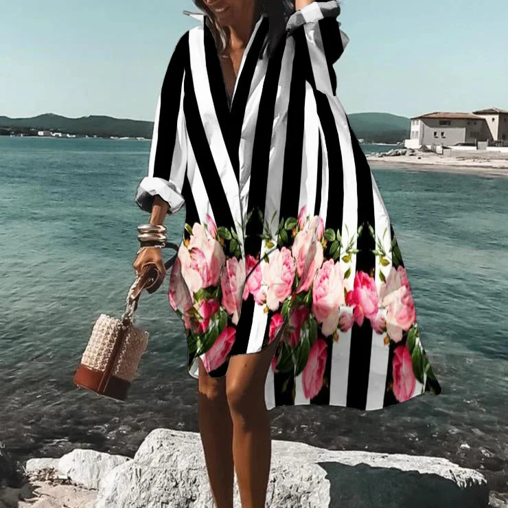 VChics Casual Striped Floral Printed Beach Shirt Midi Dress