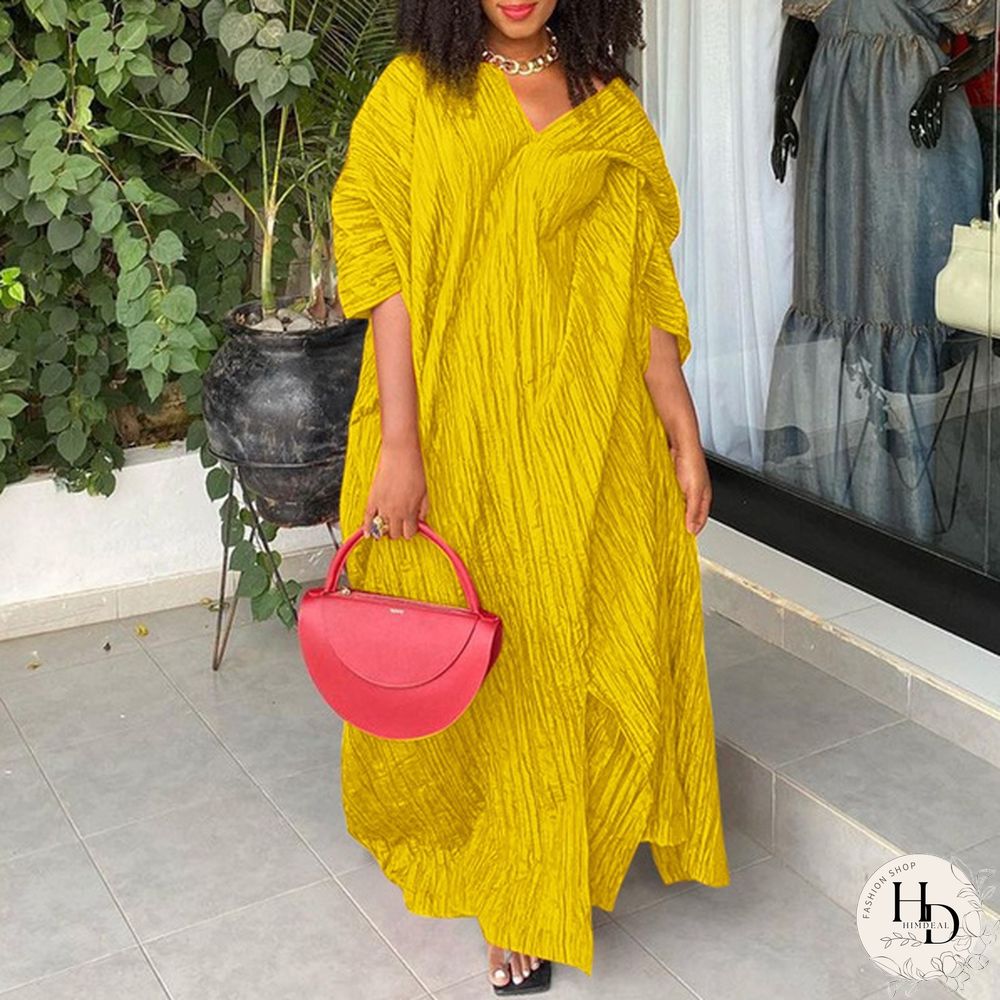VONDA Party Women Fashion V Neck Pleated Long Maxi Dresses Baggy Half Sleeve Solid Color Vestido Robes Longue Plus Size