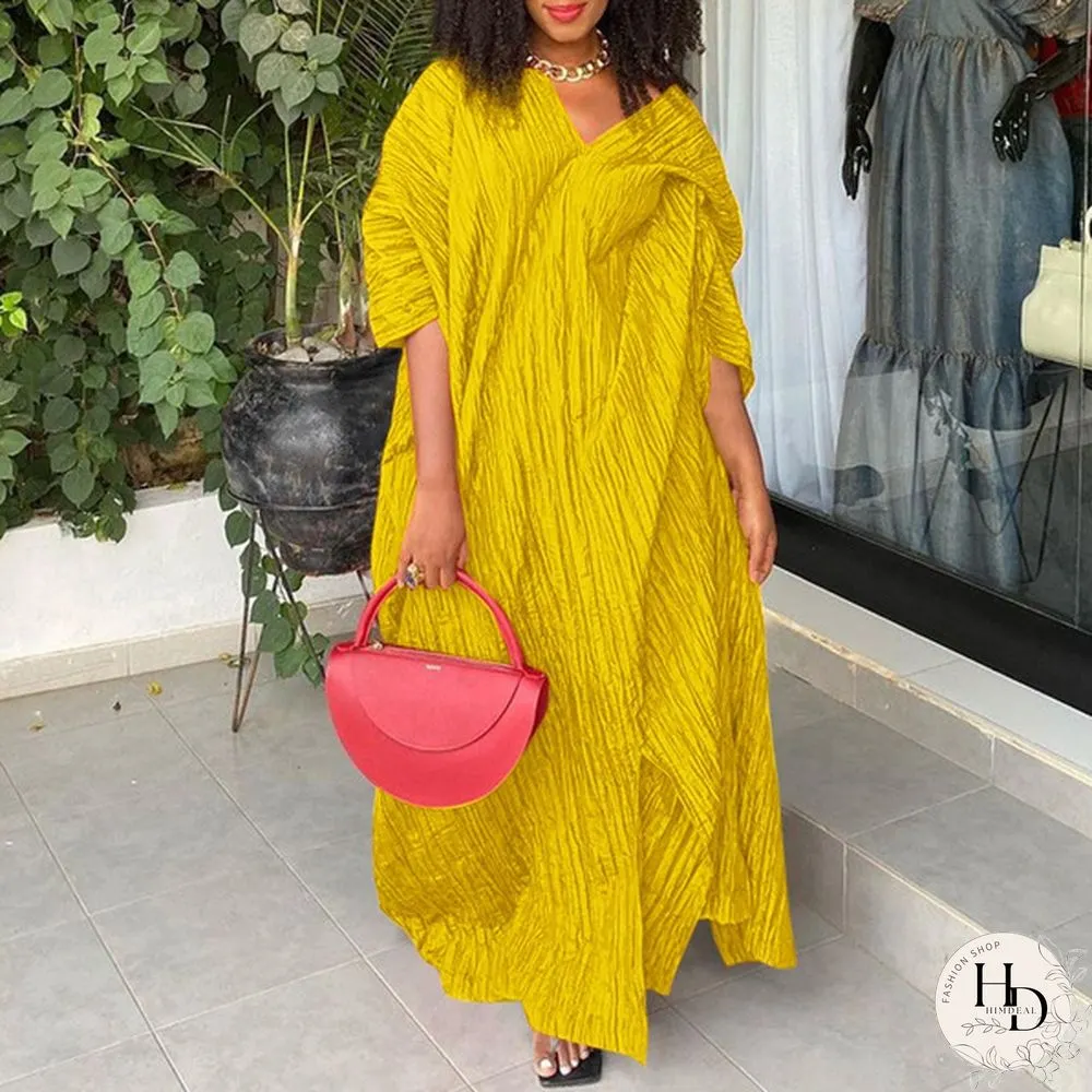 VONDA Party Women Fashion V Neck Pleated Long Maxi Dresses Baggy Half Sleeve Solid Color Vestido Robes Longue Plus Size