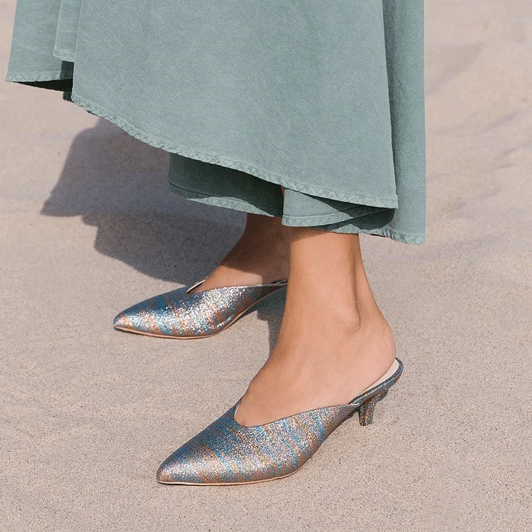 Grey Glitter Pointy Toe Kitten Heels Sparkly Mules for Women |FSJ Shoes