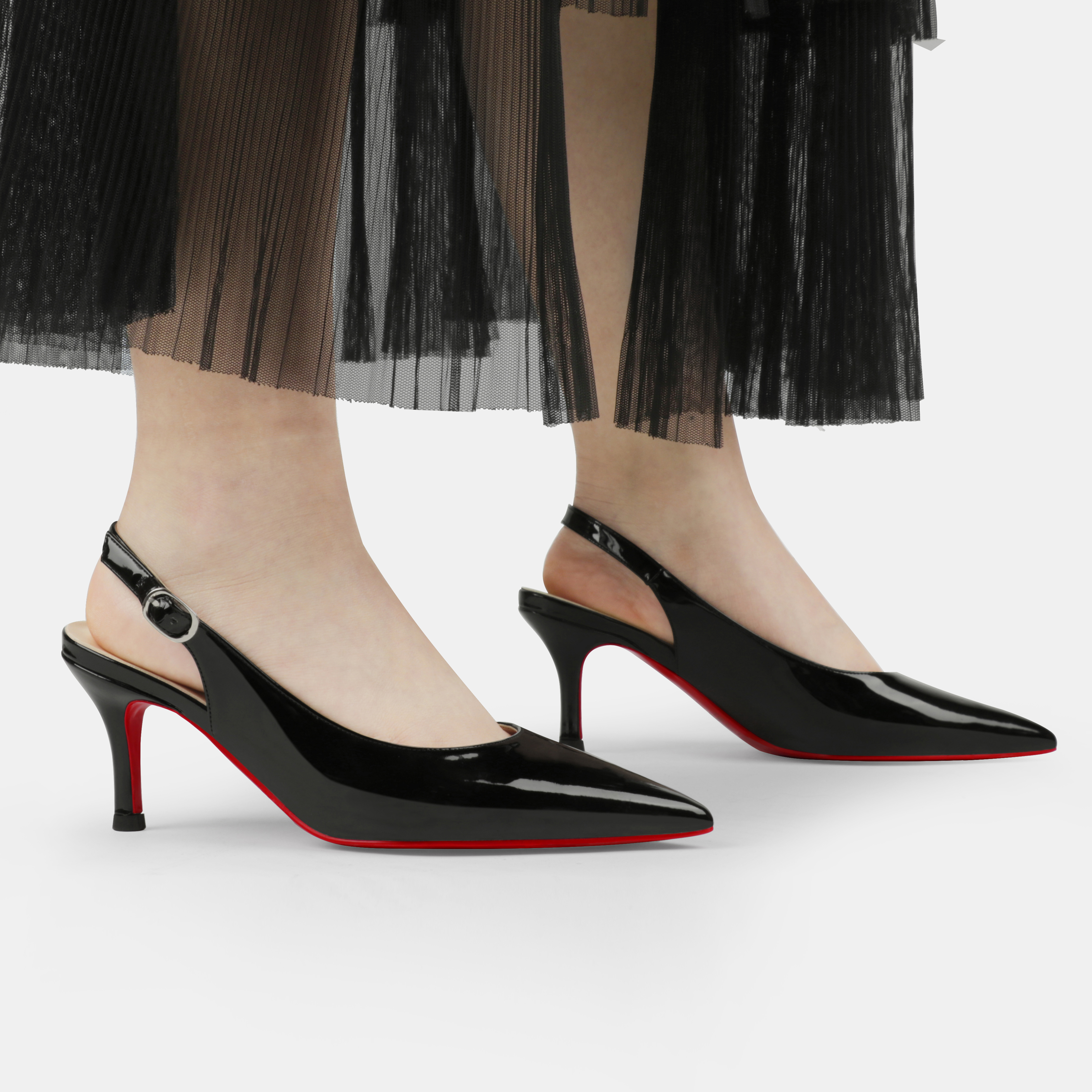 2.36" Women's Pointed Toe Sandals Slingback Shoes Kitten Heel Pumps Patent-MERUMOTE