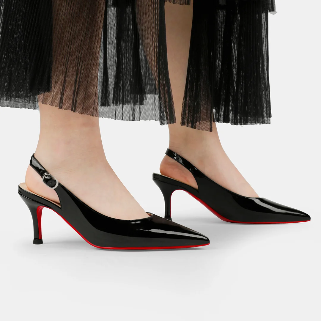 2.36" Women's Pointed Toe Sandals Slingback Shoes Kitten Heel Pumps Patent-MERUMOTE