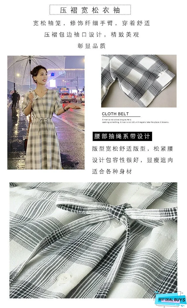 036 Plaid Shirt Dress Women's New Summer Long Fairy Lady Super Fairy Mori Style Dress Waist-Slimming Dress
