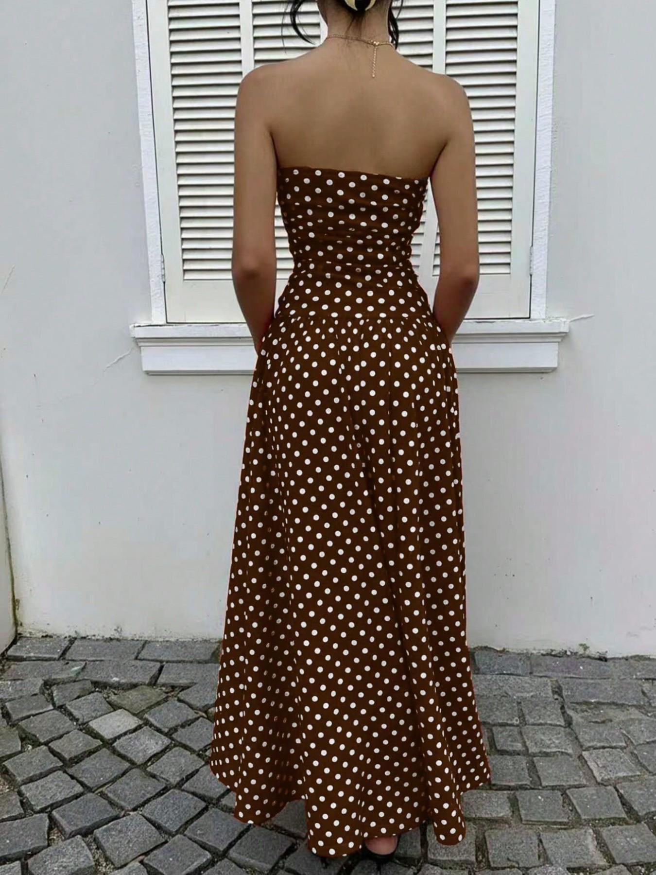 Women's Polka Dot Printed Ruched Waist Sleeveless Halter Dress, Elegant All Season Fashion, Perfect for Casual Wear, Stylish and Comfortable, Casual Fashion Chic, Casual Chic Outfit