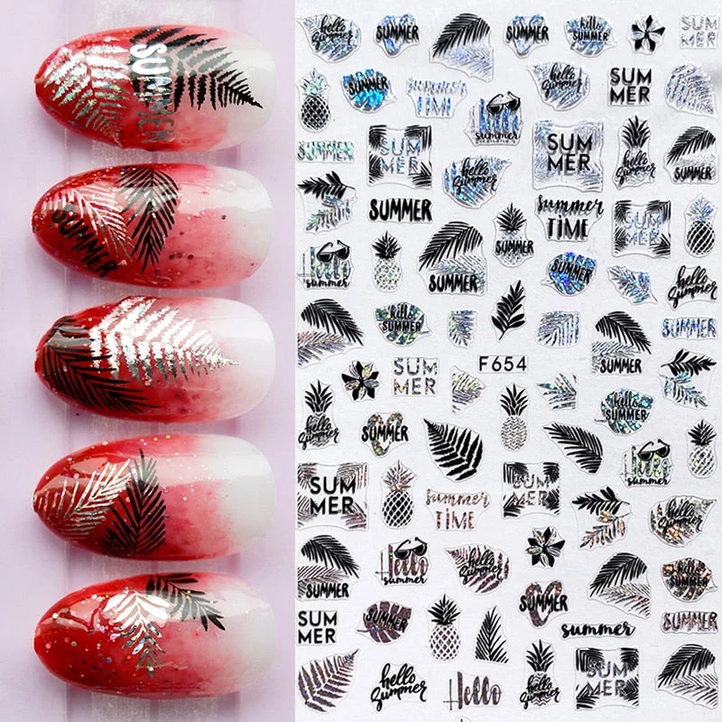 Summer Tropical Beach Coconut Tree Slippers 3D Nail Sticker Leaves Shell Transfer Decals Slider Decoration Manicures