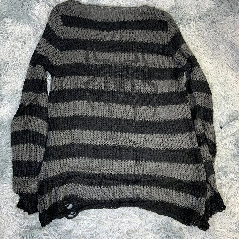 Plus Size Punk Gothic Long Unisex Sweater Dress Women Man Striped Cool Hollow Out Hole Broken Jumper Loose Rock Thin Sweter 2021