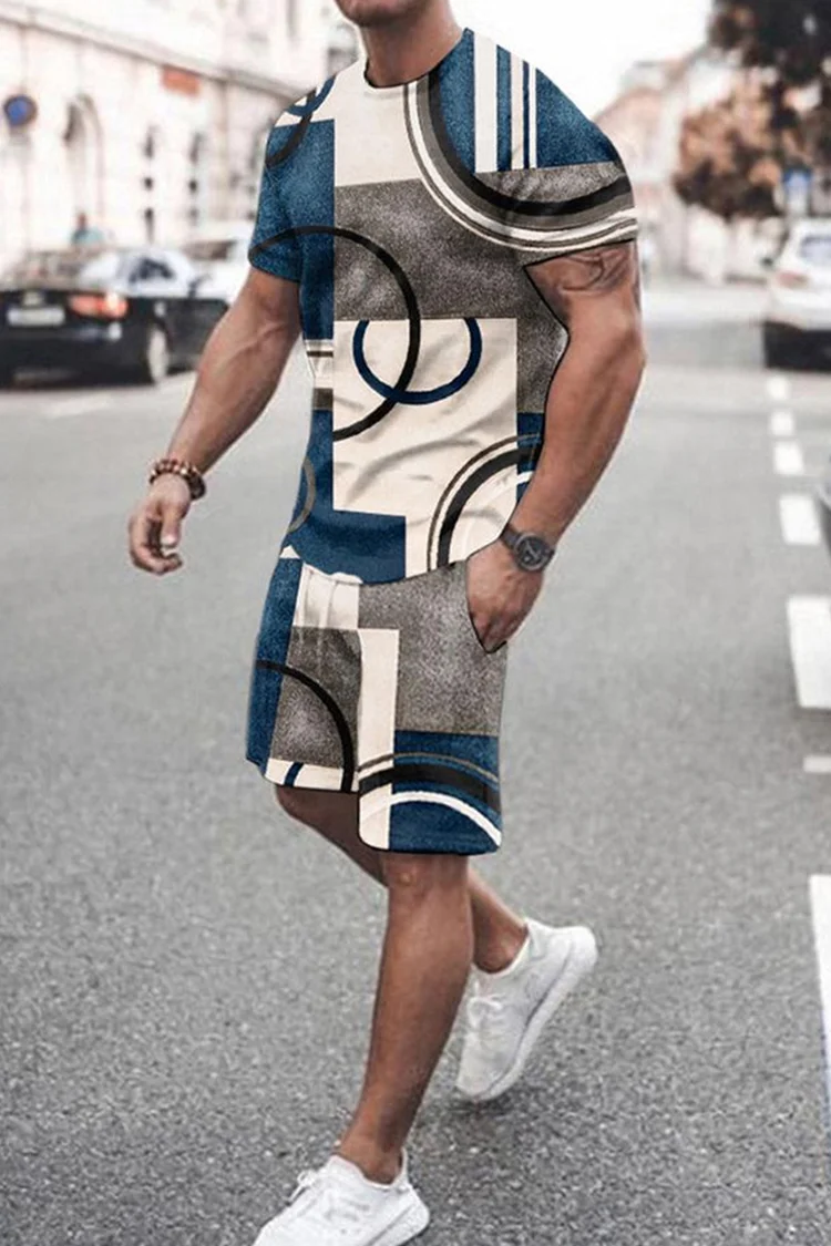 Tiboyz Men's Outfits Casual Fashion Abstract Print Two Piece Set