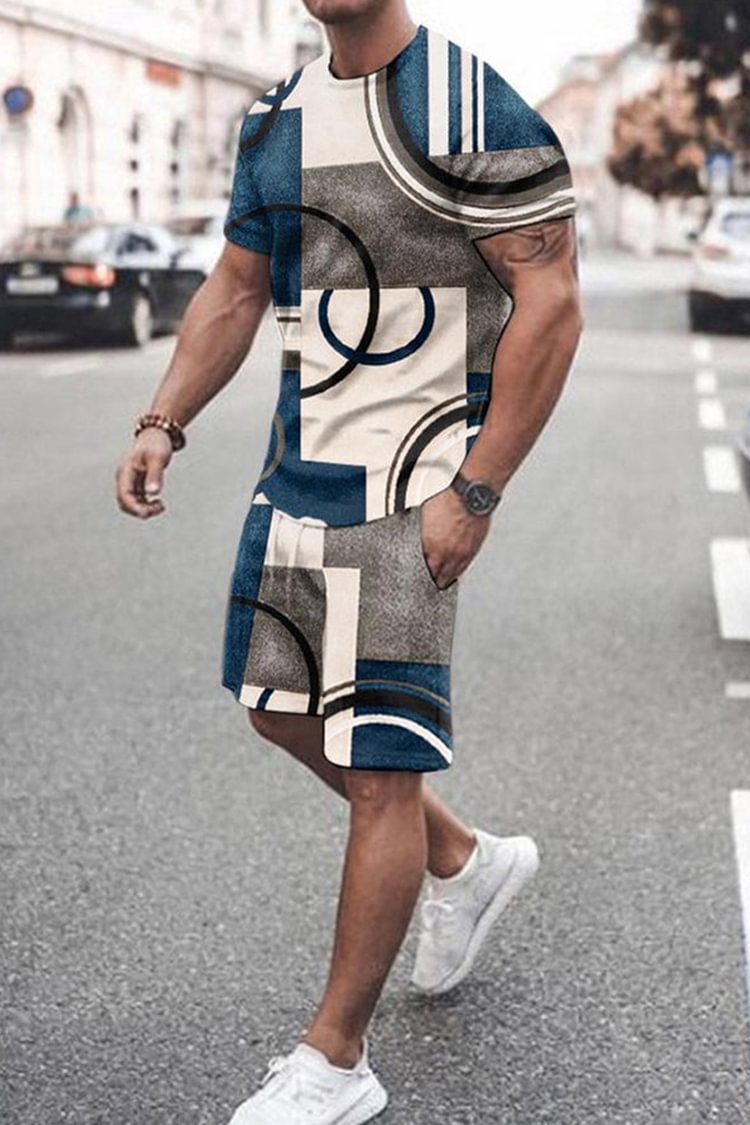 Tiboyz Men's Outfits Casual Fashion Abstract Print Two Piece Set