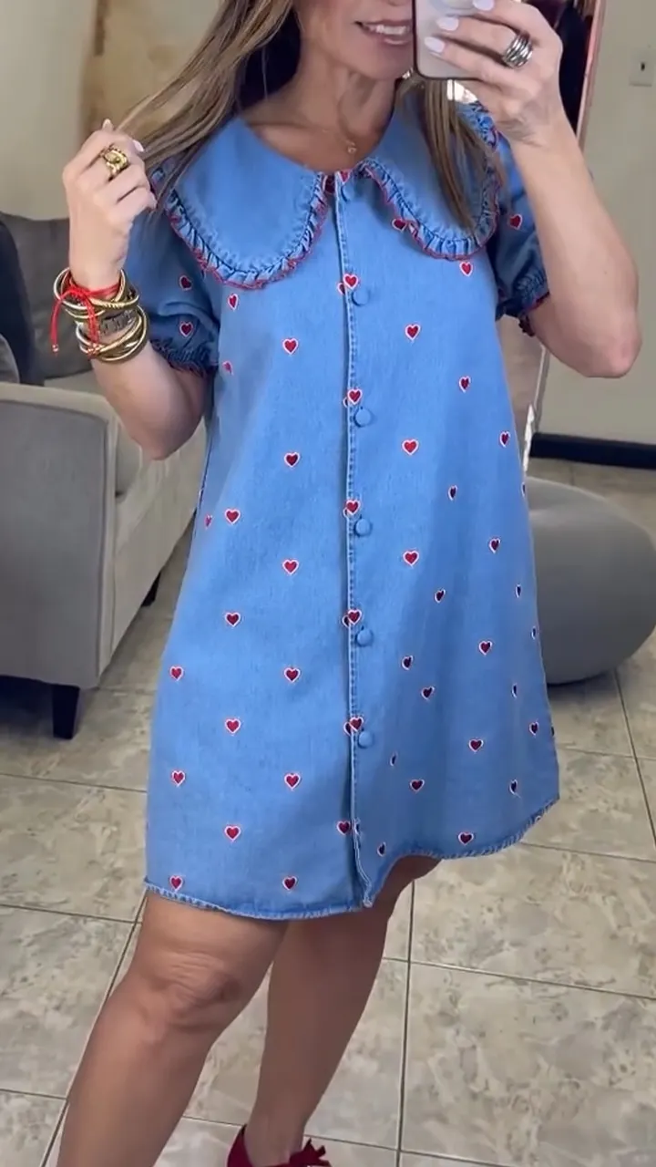 Women Lapel Heart-shaped Printed Casual Dress
