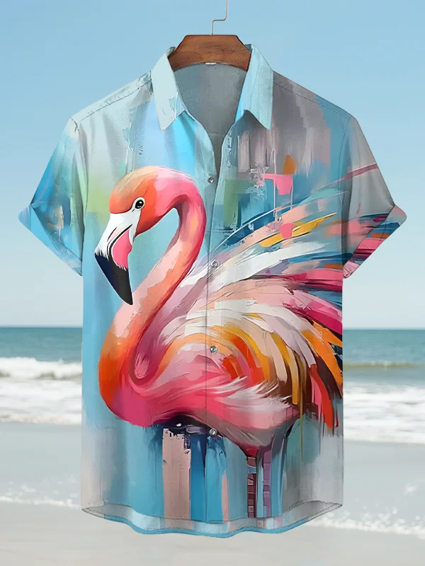 Men's Flamingo Oil Painting Print Casual Shirt