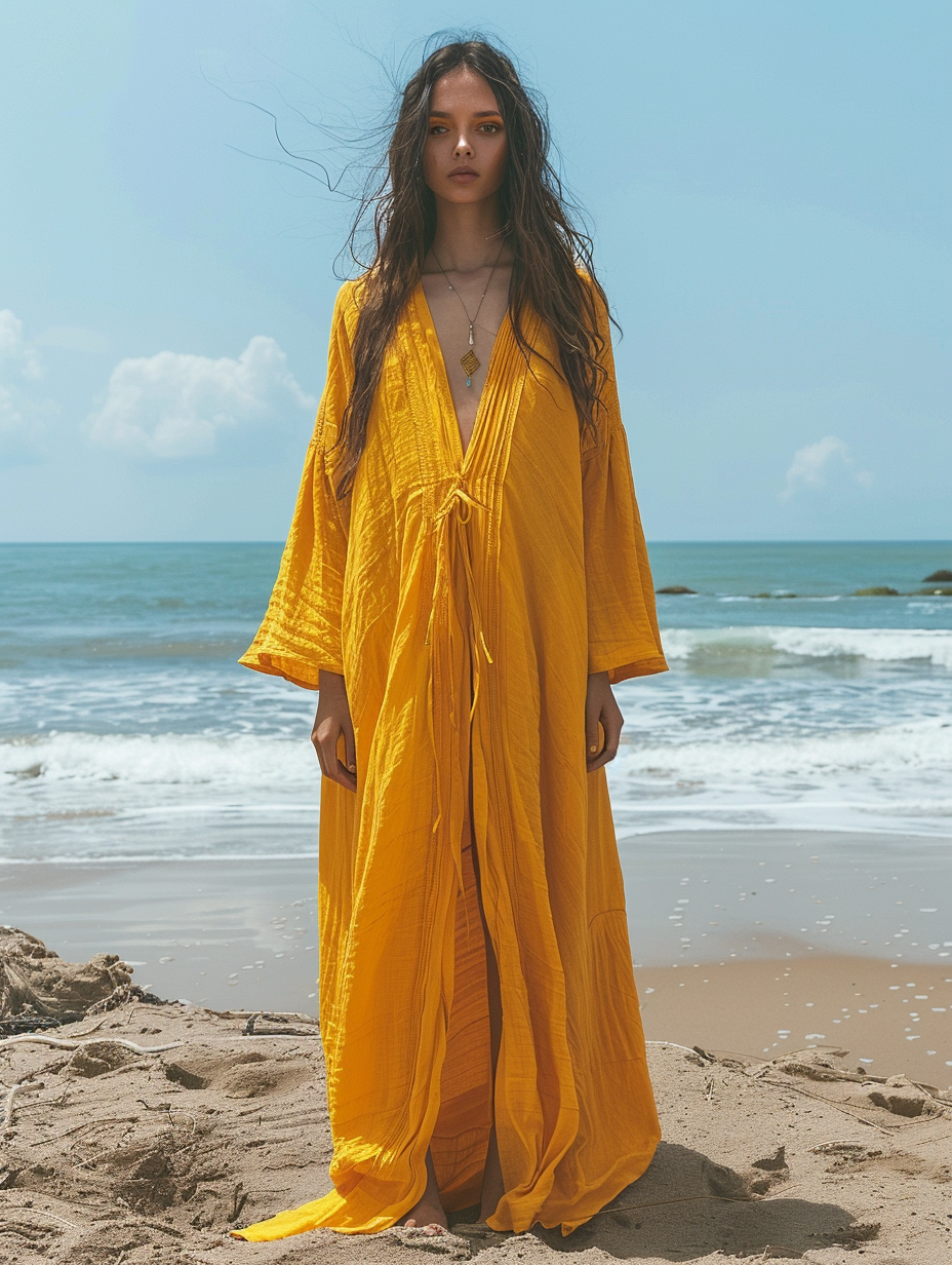 Caftan Kimono Solid Yellow Color Beach V-Neck Kaftan Dress
